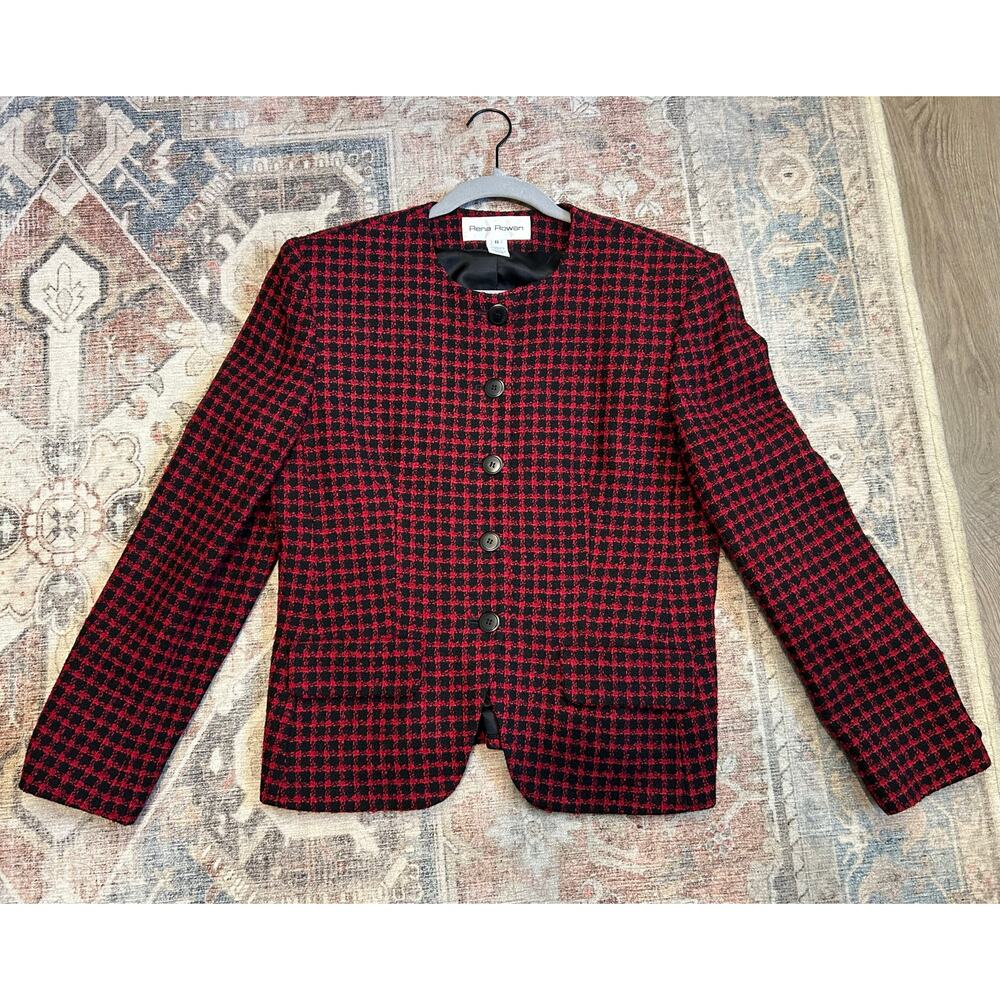 Rena Rowan for Saville Red Black Checkered Wool Blend Blazer Jacket, Sz 8